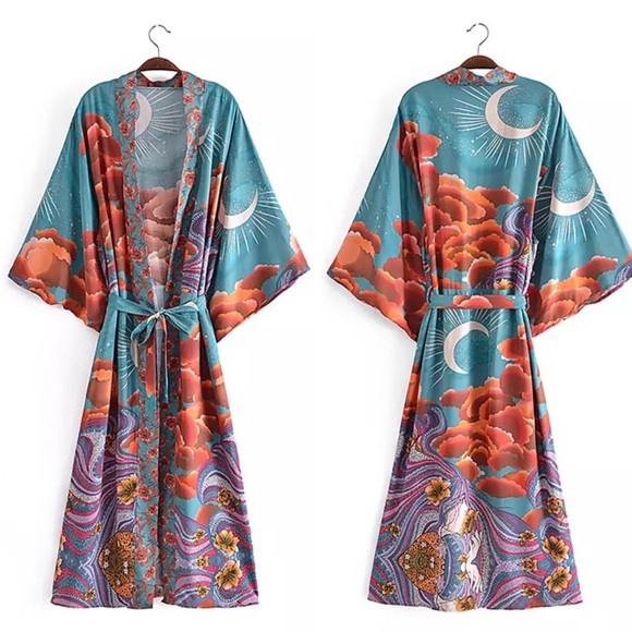 🌸 ROBE MOON SKY KIMONO DUSTER LONG MAXI KAFTAN BREATHE BOHEMIAN BOHO CHIC TEAL - Picture 5 of 12